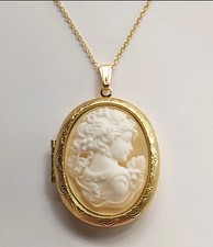 Collana medaglione ritratto giallo cammeo ciondolo ovale tono oro foto medaglione 24''