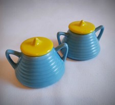 Coppia zuccheriere o porta salse in ceramica azzurra e gialla, design anni '70