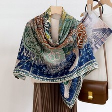 Sciarpa avvolgente 70% cashmere e 30% seta stola stampa cavaliere scialle quadrato 53" blu nuova
