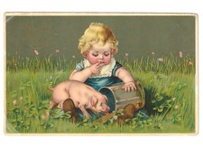 1909 bambina cibo maiale antica cartolina Buon Anno Boldog Uj Evet