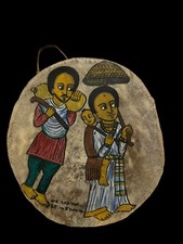 Vintage African Hand Drum Hand Sewn Leather Man & Woman Hand Painted Signed
