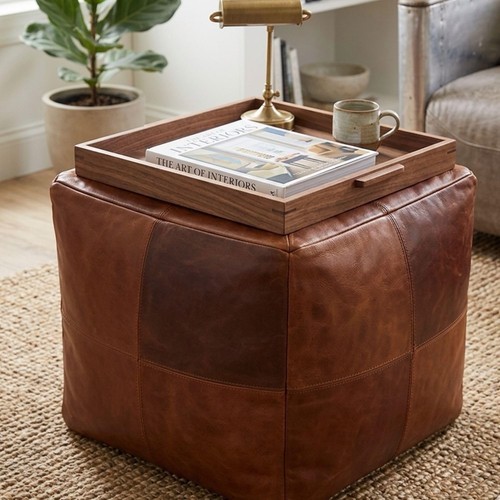 Square leather pouf moroccan - leather,