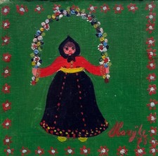 Dipinto Ad Olio Naif Donna Con