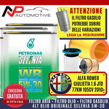KIT TAGLIANDO ALFA ROMEO GIULIETTA 1.6 MJT 105 CV 2010 +4 L OLIO SELENIA WR 5W30