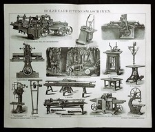 1894.Stampa Xilografica Originale:MACCHINARI PER LAVORAZIONE DEL LEGNO.Brockhaus