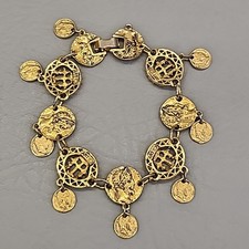 Bracciale Vintage Arthur Pepper Pendenti Moneta Tono Oro ARTE 7" Etrusco