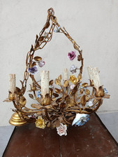 LAMPADARIO FERRO DORATO CON FOGLIE E FIORI CERAMICA - BUONO STATO - 1940 EMILIA