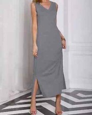 vestito abito slim donna lungo grigio perla leggero manica elegante moda 4673