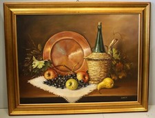 ANTICO QUADRO OLIO TELA Botasso NATURA MORTA FRUTTA PIATTO RAME FIASCO 