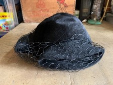 VINTAGE cappello donna CON VELETTA NAVY WOOL FELT TILT HAT 1930-40s