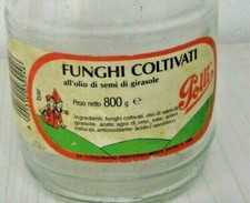 BARATTOLO POLLI  VINTAGE VETRO  GRANDE FUNGHI CON VECCHIO COPERCHIO LATTA