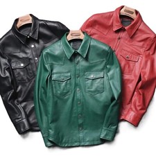 Camicia da uomo a maniche lunghe in vera pelle di agnello con bottoni a press...