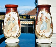 Antique Pair Victorian Bristol Glass Vases w/ Hand Painted Scenes