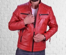 Giacca biker uomo pelle rossa con zip slim fit vera