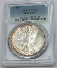 1987 American Eagle 1 Oncia Argento Dollaro PCGS 68 Certificato Tonificante Toni