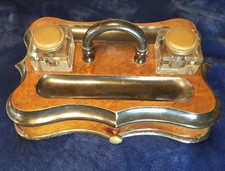 Antique Edwardian Walnut Writer's Desk Set- Original Cut Glass Ink Wells, Drawer