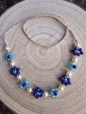COLLANA primavera Con Cristalli Blu Fatta A Mano All'uncinetto 