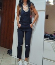 Salopette Donna In Jeans  Vita Alta Nera Strappi S