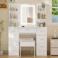 Vanity Set Specchio Illuminato LED 5 Cassetti Trucco Comodino Scrivania Regalo