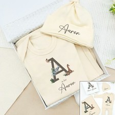 Set regalo cesto opzionale abbigliamento bambino beige iniziale giungla personalizzato