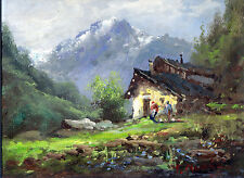 QUADRO AD OLIO SU CARTONE FIRMATO F. MANCINI ? PAESAGGIO MONTANO BAITA E FIGURE