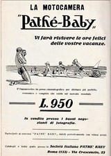 PUBBLICITA' 1930 MOTOCAMERA PATHE BABY CINEPRESA PELLICOLE CINEMA MARE SPIAGGIA