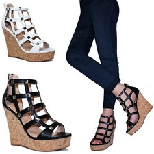 SCARPE Donna Sandali Zeppa Borchie Sughero Tacchi alti 12,5 Zatteroni COD B92