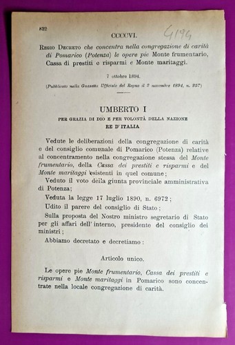 Pomarico 1894 regio decreto - pomarico,