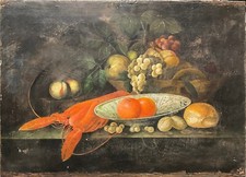 dipinto antico natura morta con aragosta e frutta Michiel Simons Fiammingo