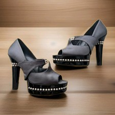 Scarpe décolleté Chanel bordo perlato grigio grafite raso tacco plateau US 9 9,5 EU 40