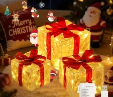 Set 3 Scatole Regalo Luminose Natale – LED Luce Calda, 8 Modalità, USB/Batteria 