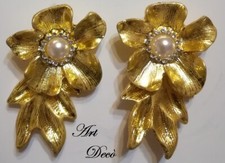 STUPENDI ORECCHINI ART-DECO' PERLE,BRILLANTI CM.4,5x2,5 LEGA ORO GIALLO/ARGENTO!
