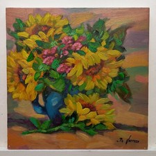 Dipinto ad Olio Quadro Girasoli Olio Tavola Cm30x30 Carlo De Lorenzo