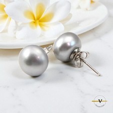 ORECCHINI DONNA A BOTTONE ARGENTO 925 PERLE DI ACQUA  DOLCE GRIGIO 6,5 - 7,5 MM