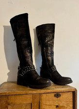 Stivali biker A.S.98 AS 98 Italy pelle metallizzata neri al ginocchio borchie UK 4 37