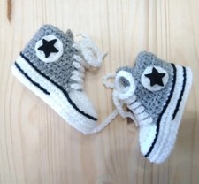 Scarpine Scarpette Uncinetto Neonati LANA Acr. 0-3 Mesi Suola Cm9 Grigio