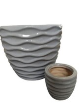 Set 2 pezzi vaso/sottovaso grigio ceramica d.30 x h.26 cm, d.10 x h.10