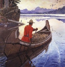 Canadian Mountie in canoa alba