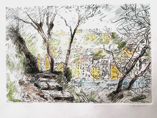 Michele Cascella "Portofino" Incisione ceramolle acquarellata firmata a matita