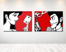 Set 2 Quadri Lupin e Margot Dipinti A Mano su Tela Canvas 50x70 Arredo Pop Art