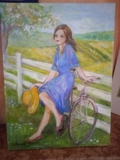 ANNA NOVAK  olio su tela 40x30  "ragazza con la bicicletta"