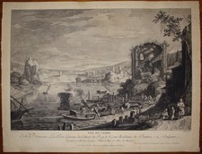Stampa antica old print Le Bas 1759 Roma Tevere Bacheley veduta acquaforte