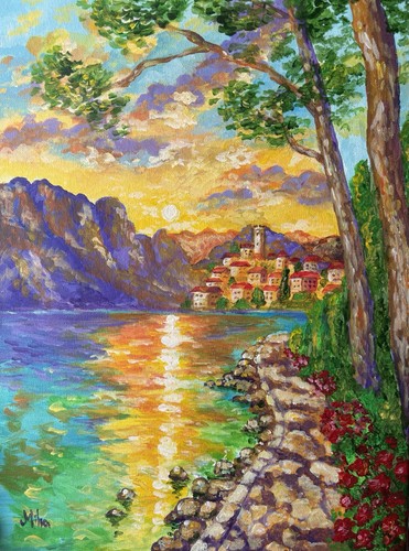 Dipinto mano lago garda - lago,