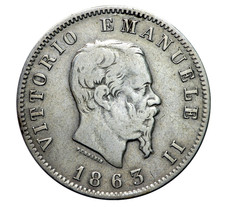 Italia 1 lira 1863 M Valore Milano Regno V.E. II Argento Lieve Patina Rara qBB