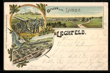 Litografia Lechfeld, veduta del campo, accampamento baracche, artiglieria 1897 