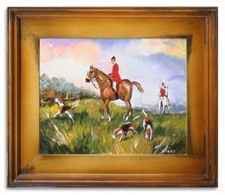 Caccia - Cacciatore E Cani - Dipinto a Olio Dipinti Mano - con Telaio 27x32cm