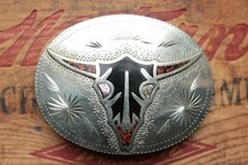 Fibbia cintura western vintage Johnson tenuta a mano cowboy corno lungo toro teschio