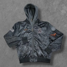  Bomber svizzero incrociato con cappuccio e toppe XL Y2K streetwear 