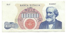 Banconota Italia Europa 1000 Lire 1964 P-96c Vecchia Verdi Carli, Ripa Rara VF+++ 