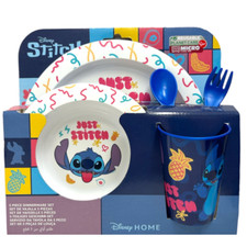 Set Pappa 5 Pezzi Stitch Piatto Piatto, Piatto Fondo, Bicchiere, Posate Micronde